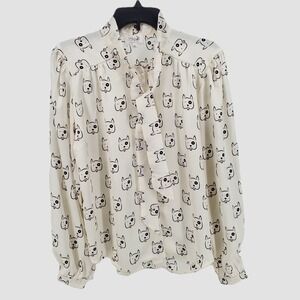 Tulip B Womens Medium French Bulldog Dog Print Tie Neck Blouse Cream EBJT248 New